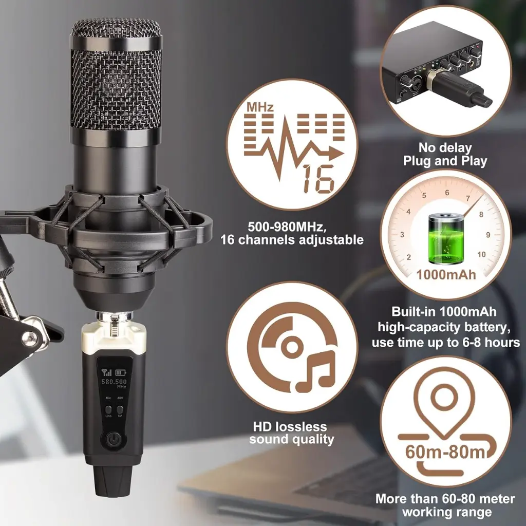 Depusheng T92 Transmisor Receptor de Micrófono Inalámbrico XLR, Señal de Audio o Sistema PA, Con Alimentación Phantom de 48V (1).webp