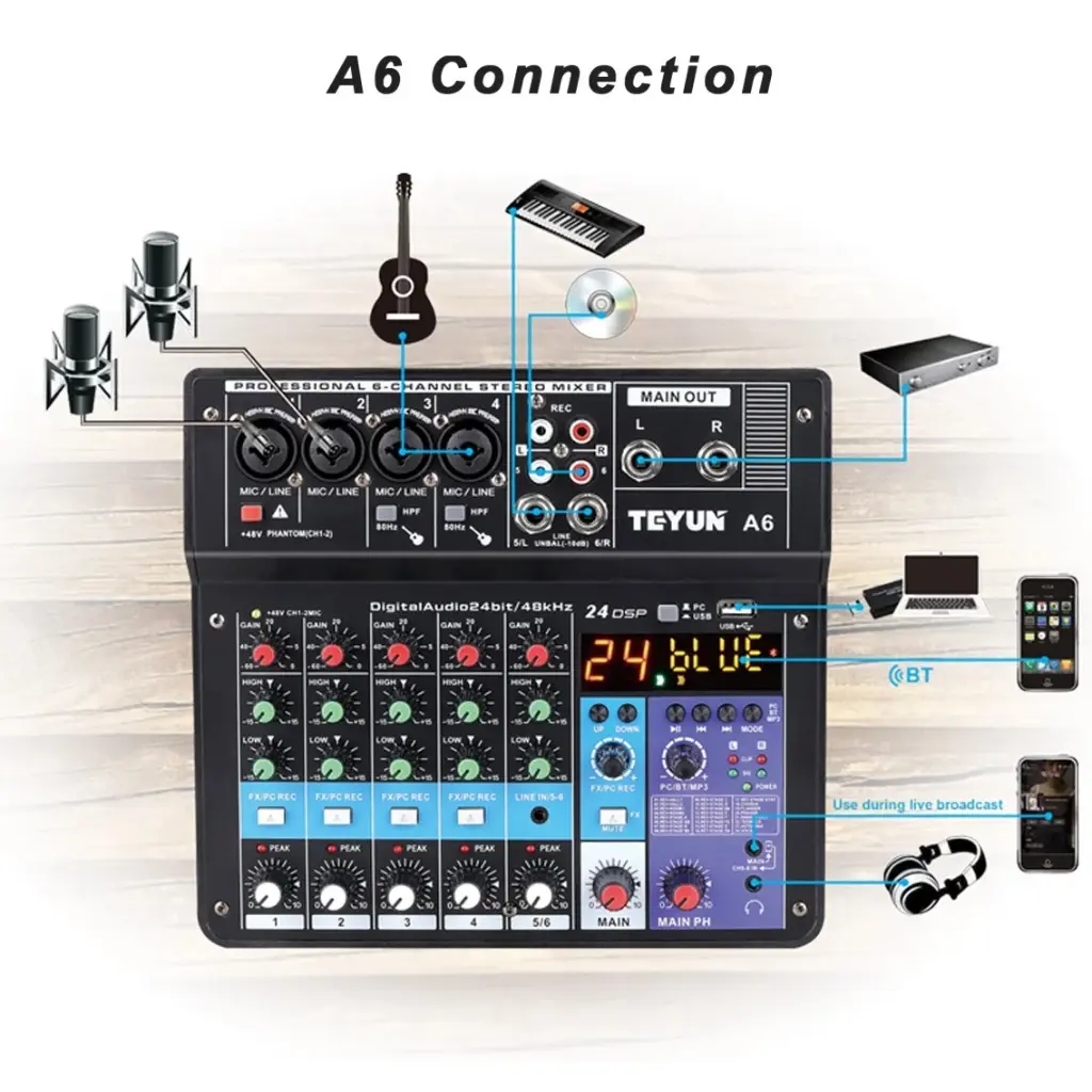 TEYUN CONSOLA 6 CANALES (4 EN XLR - PLUG) CON USB Y PHAPTOM (3).webp