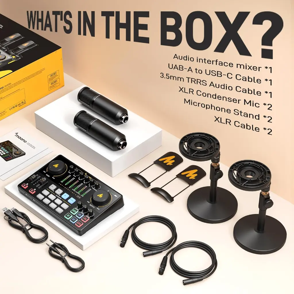 MAONO E2-GEN2-B COMBO Consola E2 Gen2 Interfaz de Audio para transmisión de podcasts + (2) Micrófonos PM320T.webp