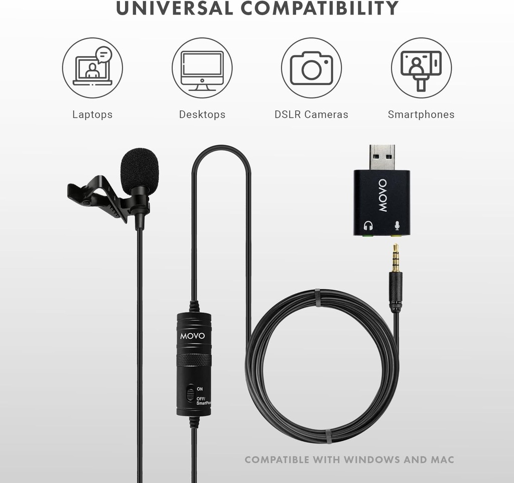 MOVO LV1-USB Micrófono de Balita conexión Plug mini TRRS y adaptador USB TRSpara teléfonos Android podcasts, Gaming, Twitch, YouTube, Entrevistas