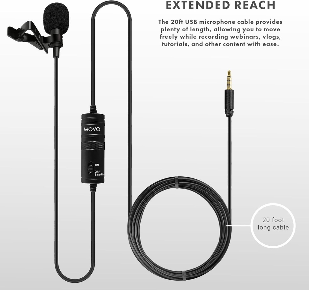 MOVO LV1-USB Micrófono de Balita conexión Plug mini TRRS y adaptador USB TRSpara teléfonos Android podcasts, Gaming, Twitch, YouTube, Entrevistas