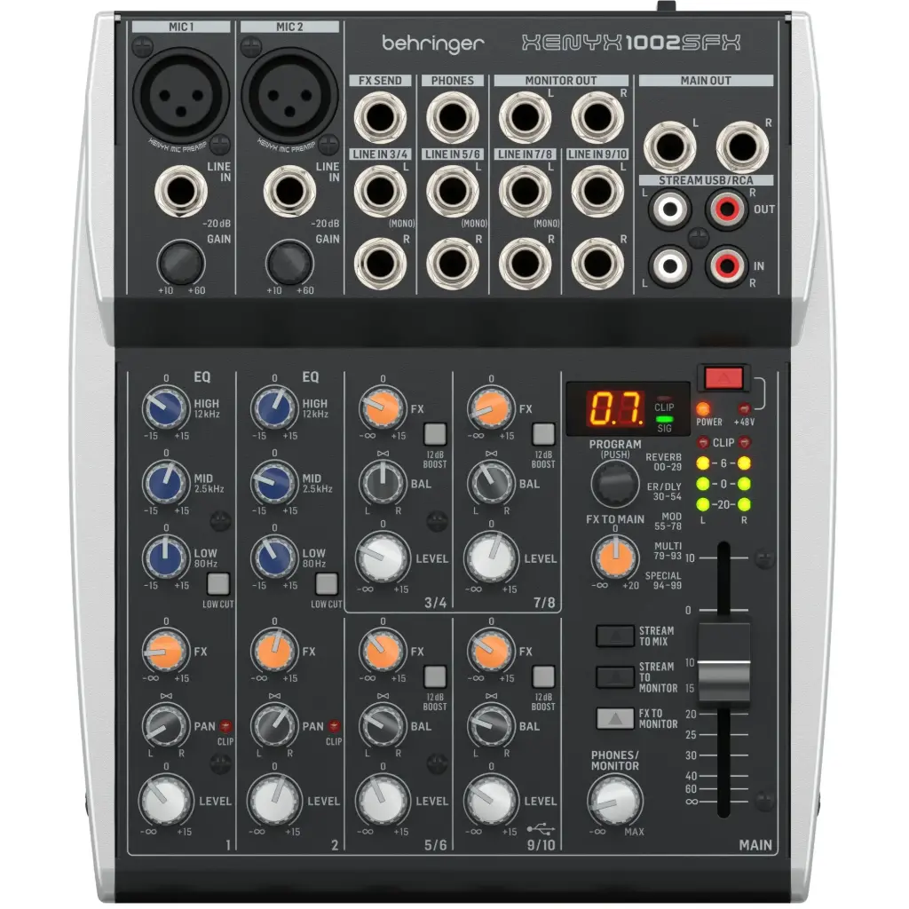 BEHRINGER XENYX 1002SFX Consola 10 Entradas, 2 en XLR, USB, Streaming Interfaz