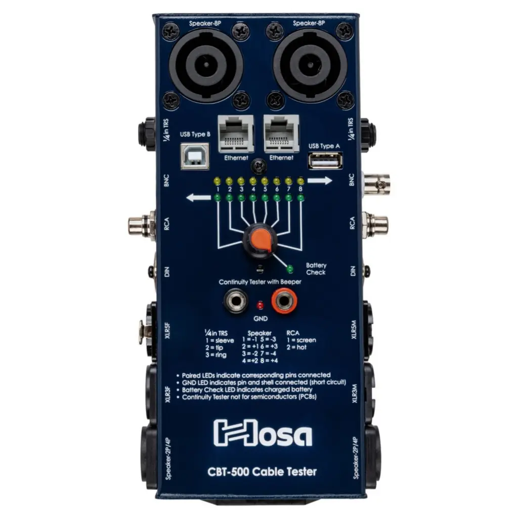HOSA CBT-500 TESTER PROBADOR CABLE SPEAKON XLR TRS RCA DIN Ethernet GND