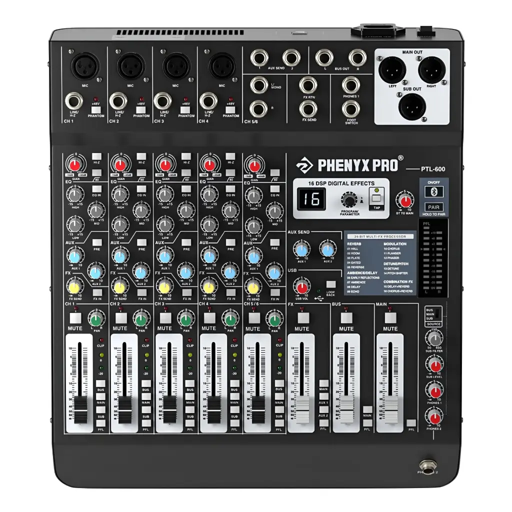 PHENYX PRO PTL-600 CONSOLA ANALOGICA 4 CANALES CON 16 EFECTO DSP