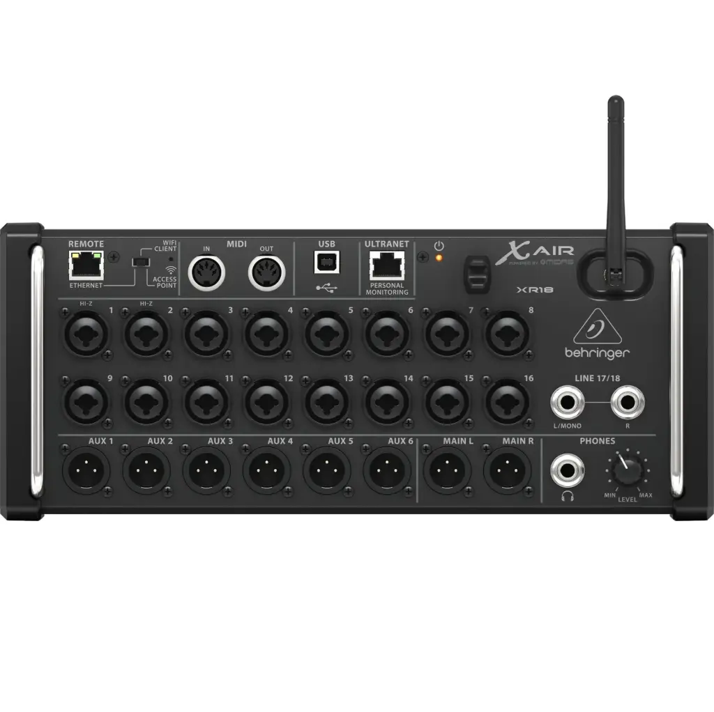 BEHRINGER XR18 Consola Digital de 18 canales y 12 buses para tabletas iPad/Android con 16 preamplificadores Midas programables, módulo WiFi integrado e interfaz de audio USB multicanal.