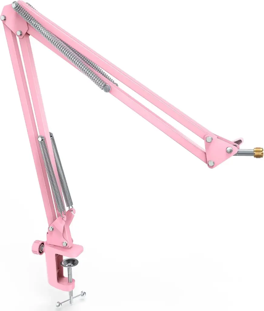 PARAL STAND PEDESTAL SOPORTE para Micrófono tipo Tijera con Brazo y base a mesa para Estudio de Grabación Radio o Podcast Color ROSADO