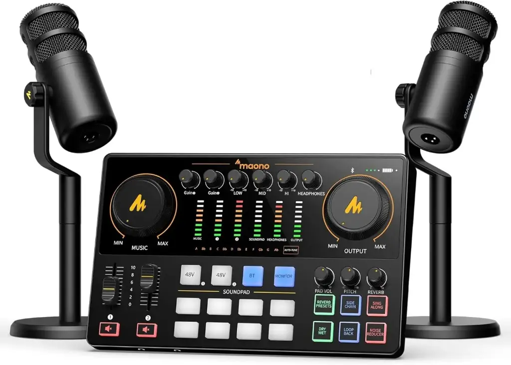 MAONO E2-GEN2-C COMBO Consola E2 Gen2 Interfaz de Audio para transmisión de podcasts + (2) Micrófonos Dinámicos PD100-XLR