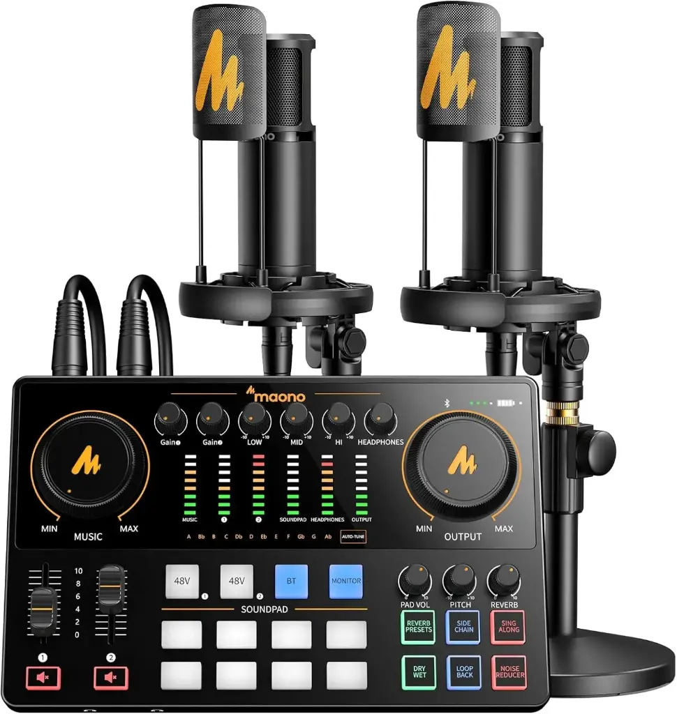 MAONO E2-GEN2-B COMBO Consola E2 Gen2 Interfaz de Audio para transmisión de podcasts + (2) Micrófonos PM320T
