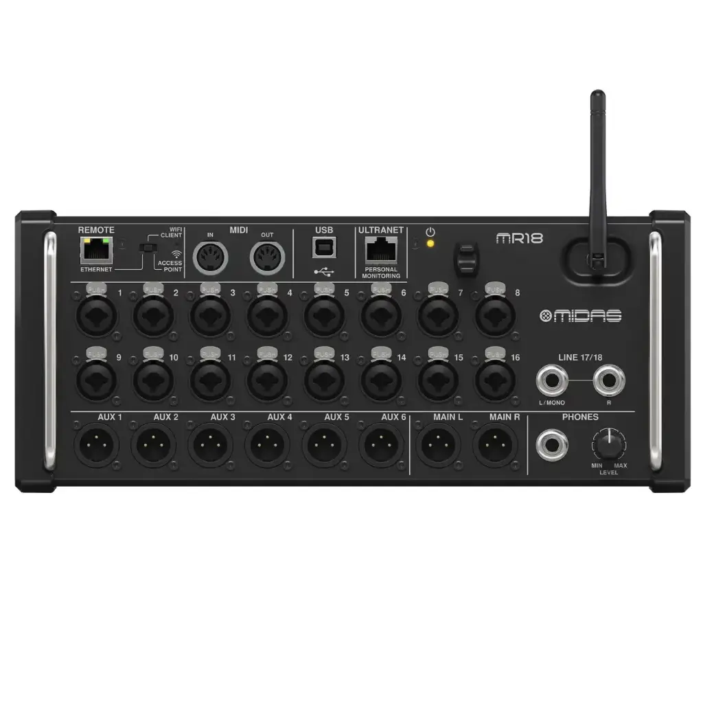 MIDAS MR18 Consola Digital de 18 canales y 12 buses para tabletas iPad/Android con 16 preamplificadores Midas programables, módulo WiFi integrado e interfaz de audio USB multicanal.