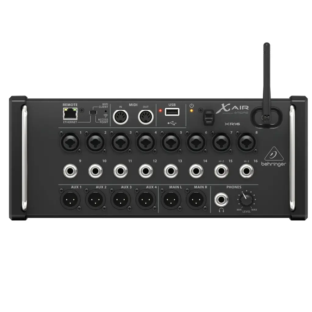 BEHRINGER XR16 Consola Digital de 16 entradas para tabletas iPad/Android con 8 preamplificadores Midas programables, 8 entradas de línea, módulo WiFi integrado e interfaz de audio USB multicanal.