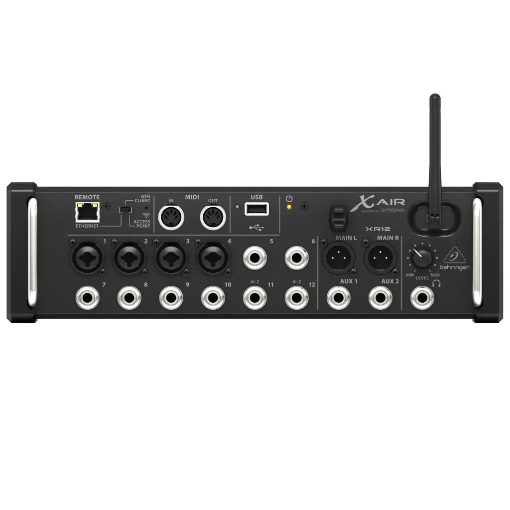 BEHRINGER XR12 Consola Digital de 12 canales y 6 buses para tabletas iPad/Android con 4 preamplificadores Midas programables, 8 entradas de línea, módulo WiFi integrado e interfaz de audio USB multicanal.