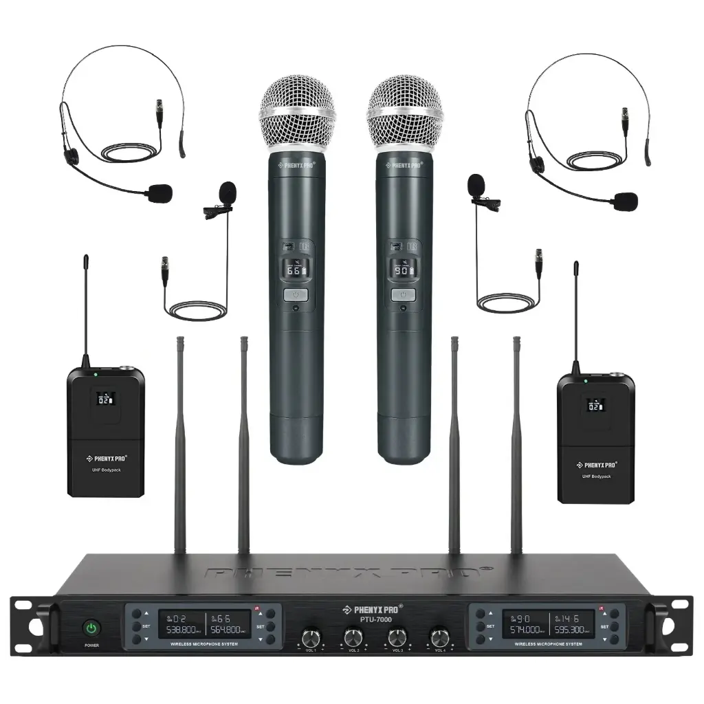 PHENYX PRO PTU-7000-2H2B MICROFONOS INALAMBRICOS de Mano y Balita Headset UHF 4 Canales