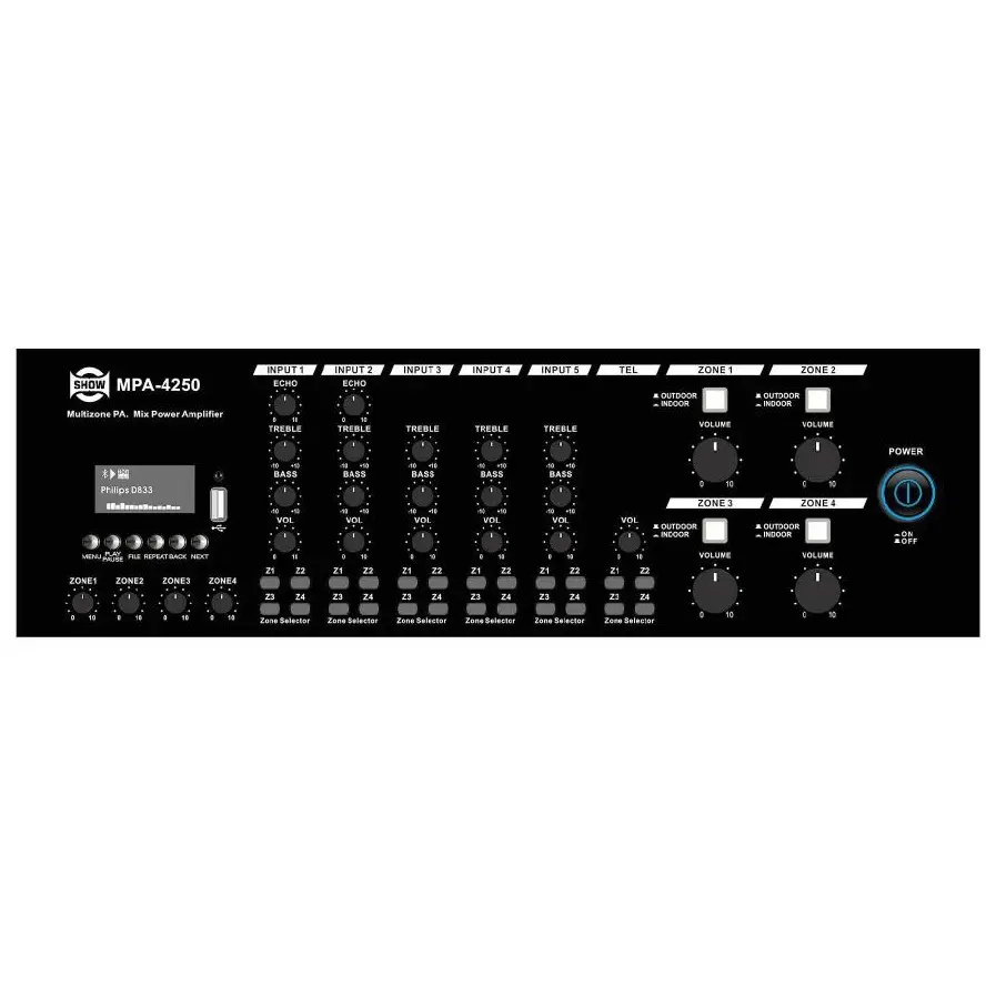 SHOW SEIKAKU MPA-4150 Amplificador Linea 70V-110V, 4 Zonas x 150W, Mezclador MP3+FM+BT