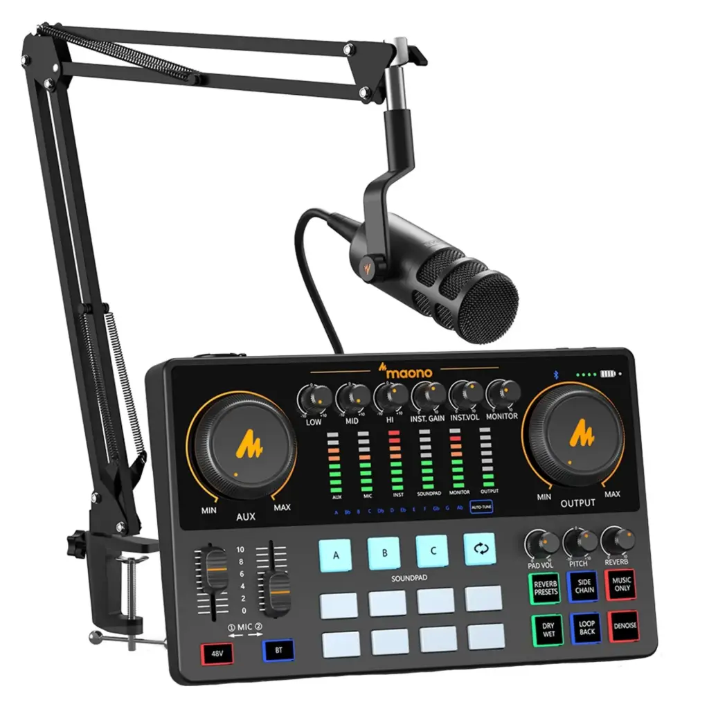 MAONO AME2C Consola de Podcast Con Interfaz E2 y Micrófono Dinámico PD100 XLR