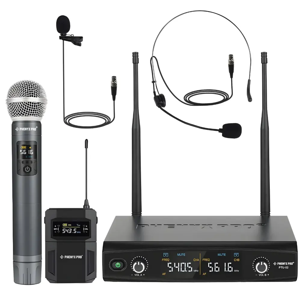 PHENYX PRO PTU-52-1H1B MICROFONO INALAMBRICO Set Manos Libres Headset y Balita UHF 2 Canales
