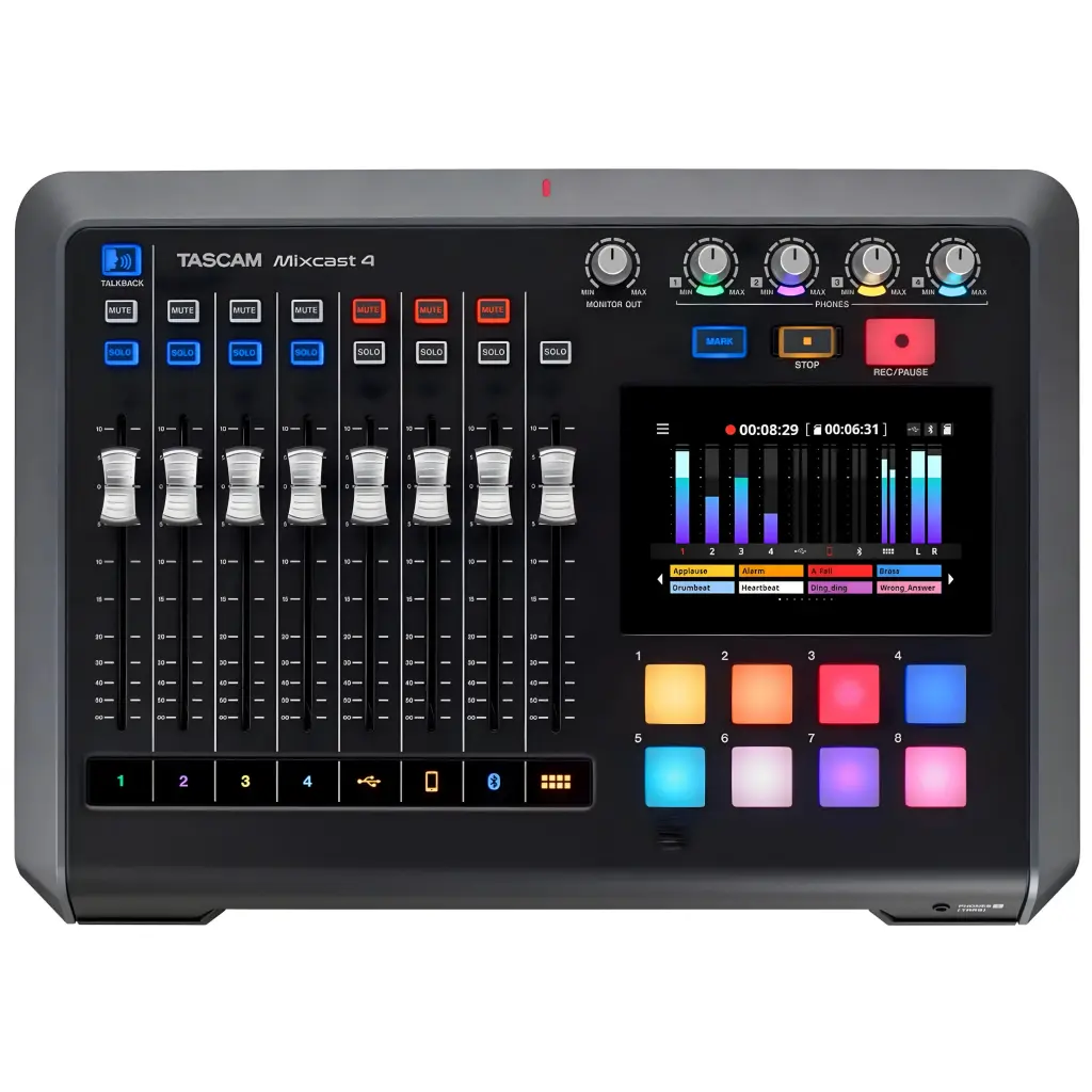 TASCAM MIXCAST4 Consola Pasiva, grabadora e interfaz de audio USB: cuatro entradas de micrófono XLR/TRS, pantalla táctil y software de edición incluidos