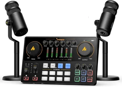 [E2-GEN2-C] MAONO E2-GEN2-C COMBO Consola E2 Gen2 Interfaz de Audio para transmisión de podcasts + (2) Micrófonos Dinámicos PD100-XLR