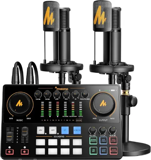 [E2-GEN2-B] MAONO E2-GEN2-B COMBO Consola E2 Gen2 Interfaz de Audio para transmisión de podcasts + (2) Micrófonos PM320T