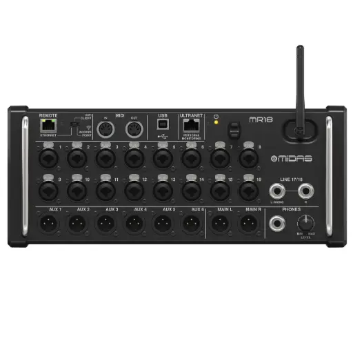 MIDAS MR18 Consola Digital de 18 canales y 12 buses para tabletas iPad/Android con 16 preamplificadores Midas programables, módulo WiFi integrado e interfaz de audio USB multicanal.